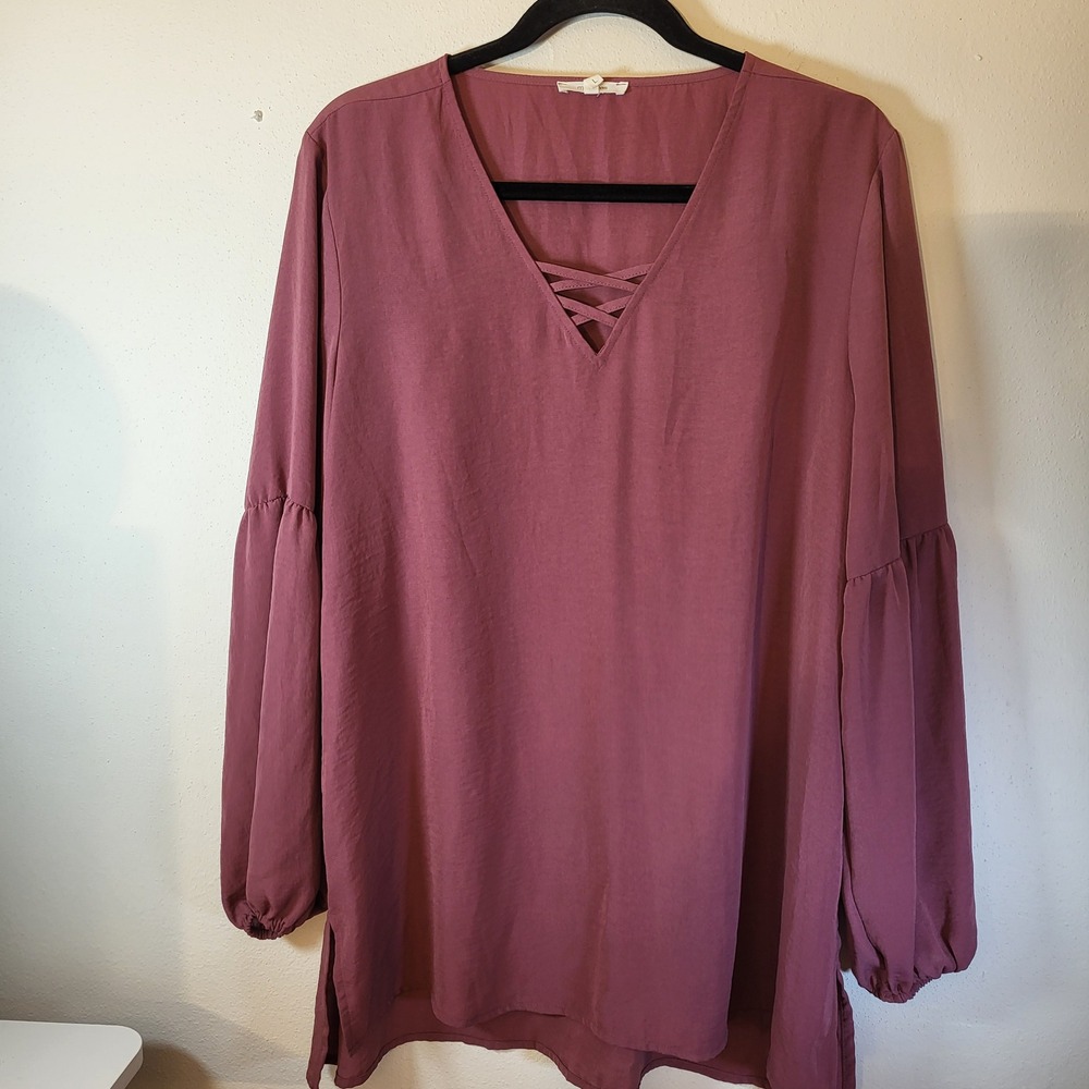 Maurices Women's Mauve Pink Long Sleeve Lattice V‎ Neck Peasant  Blouse Top L